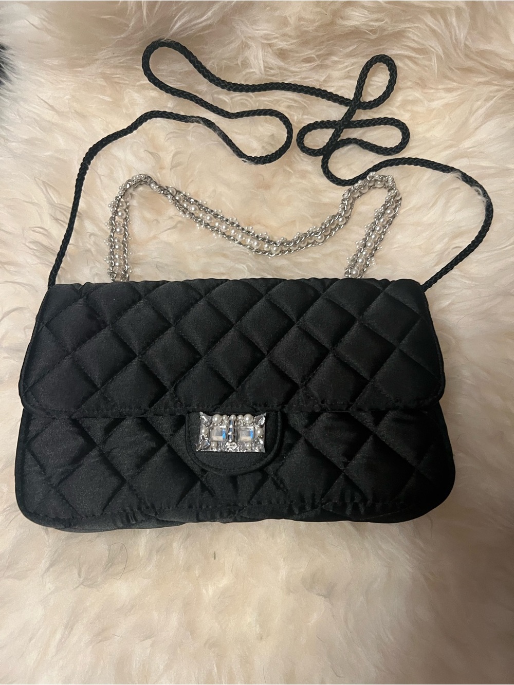 Kate Landry Black Quilted Satin Evening Bag Pearl Chain Rhinestone Prom Clutch